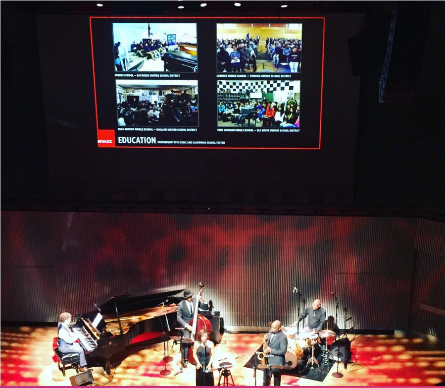 Marcus Shelby Quintet performing at SFJazz Miner Auditorium, with four schools joining remotely.